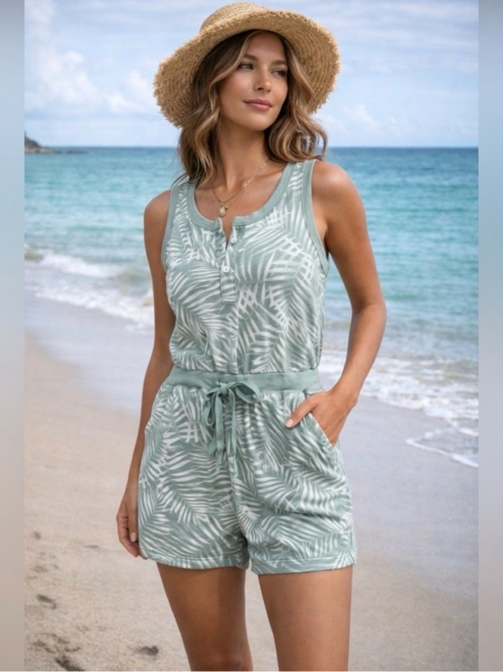 EcoThreads Sage Green Palm Leaf Romper Medium Sleeveless Drawstring Waist NWT